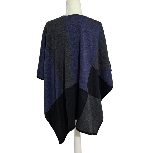 Lord & Taylor Women's Color Block Charcoal Blue Open Boho Office Knit Poncho OS - Picture 3 of 7